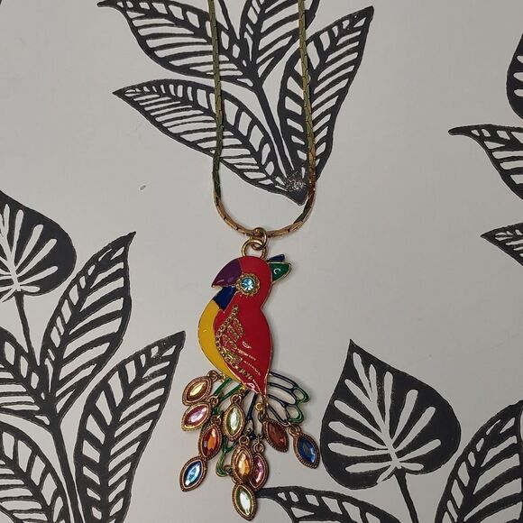 Vintage 80s Enameled Parrot with Rhinestone Pendant Statement Necklace - Picture 2 of 9